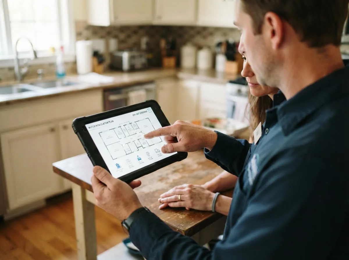 Water damage restoration technician inspecting a home in Sedona, AZ
